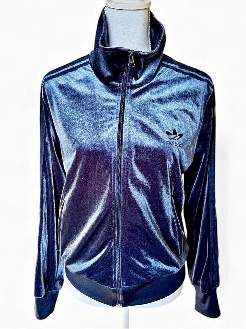 adidas Originals Navy Blue Velour Top Women’s Track Jacket Blue Size 16